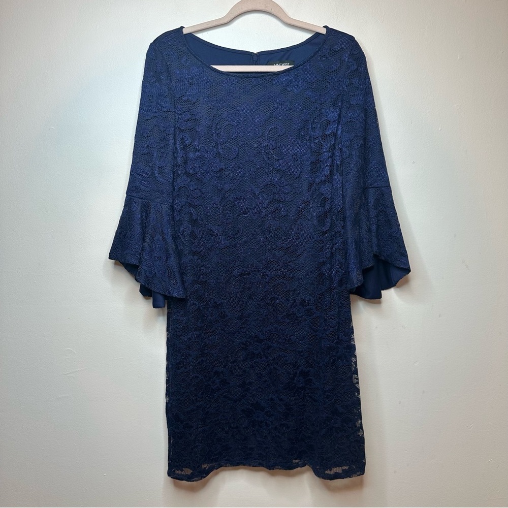 Nine West Women’s Size 12 Navy Blue Lace Shift Dress Bell Long Sleeve